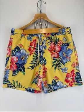 POLO RALPH LAUREN Floral Yellow Hawaiian Aloha Swim Trunks Size XL